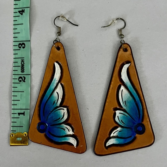 Handcrafted Blue and Tan leather Angel Wing Earrings - Picture 2 of 5